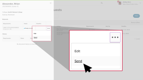 Student's list of college application documents. The letter of recommendation request is highlighted. The status is Ready to send. The three-dot menu is open and the cursor is clicking Send.